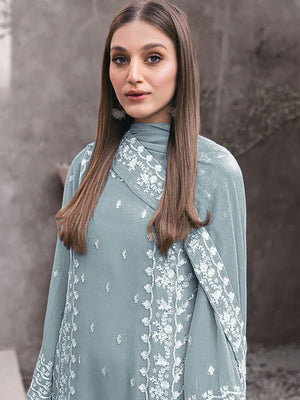 Rajwada Grey Georgette Embroidered Semi-Stitched Kurta Set For Women