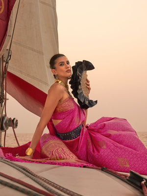 Rajwada Pink Satin Woven Saree With Unstitched Blouse for Women