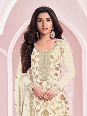 Rajwada White Cotton Blend Embroidered Semi-Stitched Kurta Set For Women