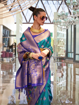 Rajwada Green Silk Blend Woven Saree With Unstitched Blouse for Women