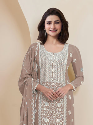 Rajwada Beige Georgette Embroidered Semi-Stitched Kurta Set For Women