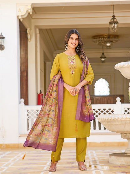 Rajwada Mustard Rayon Embroidered Stitched Kurta Set For Women