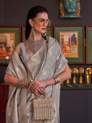 Rajwada Grey Silk Blend Woven Saree With Unstitched Blouse For Women