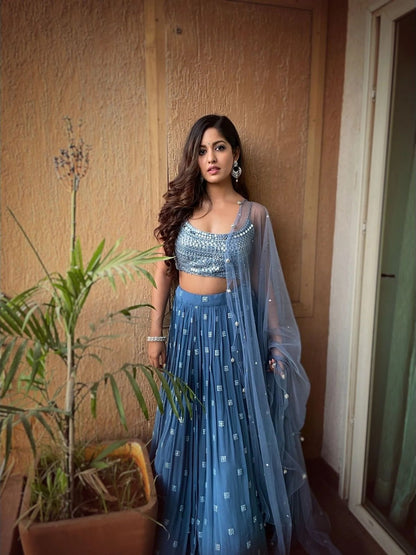 Rajwada Blue Georgette Embellished Semi-Stitched Lehenga For Women