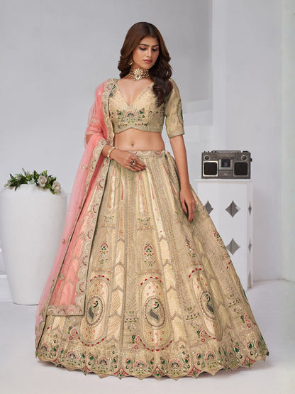 Rajwada Beige Silk Blend Embroidered Semi-Stitched Lehenga For Women