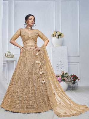 Rajwada Light Brown Soft Net Embellished Semi-Stitched Lehenga With Unstitched Blouse For Women