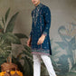 Rajwada Blue Viscose Silk Embroidered Stitched Kurta For Men