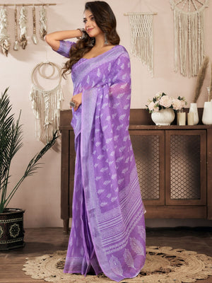 Rajwada Lavender Cotton Linen Zari Work Saree For Women