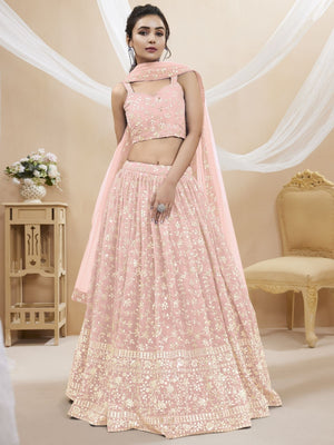 Rajwada Pink Georgette Embroidered Semi-Stitched Lehenga For Women