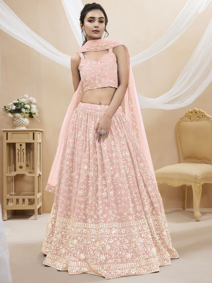 Rajwada Pink Georgette Embroidered Semi-Stitched Lehenga For Women