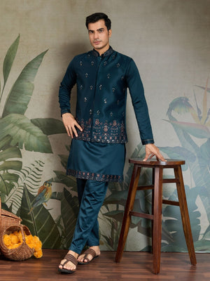 Rajwada Teal Blue Silk Blend Embroidered Stitched Kurta Set For Men