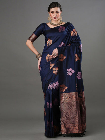 Rajwada Navy Blue Silk Blend Woven Saree For Women