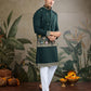 Rajwada Dark Green Cotton Blend Embroidered Stitched Kurta For Men