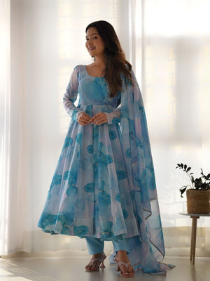 Rajwada Sky Blue Organza Silk Floral Digital Print Stitched Kurta Set For Women