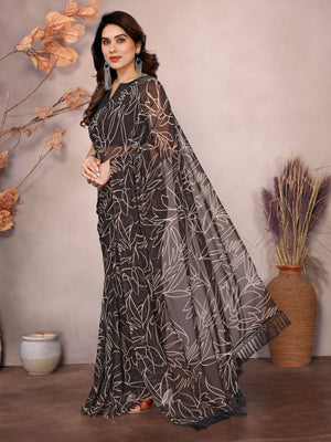 Rajwada Brown Georgette Printed Saree With Unstitched Blouse For Women