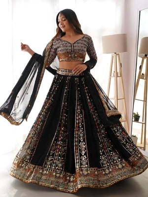 Rajwada Black Georgette Sequins Embroidered Semi-Stitched Lehenga For Women
