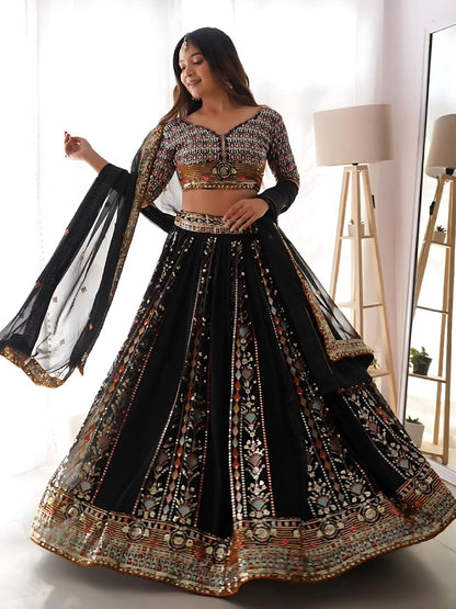 Rajwada Black Georgette Sequins Embroidered Semi-Stitched Lehenga For Women
