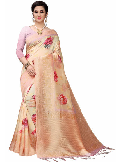 Rajwada Peach Silk Blend Floral Printed Saree For Women
