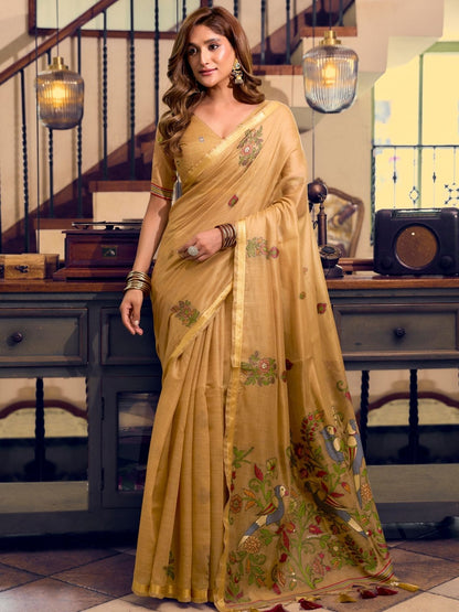 Rajwada Beige Cotton Blend Solid Saree For Women