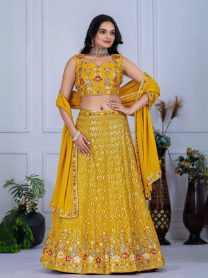 Rajwada Yellow Georgette Embroidered Semi-Stitched lehenga For Women