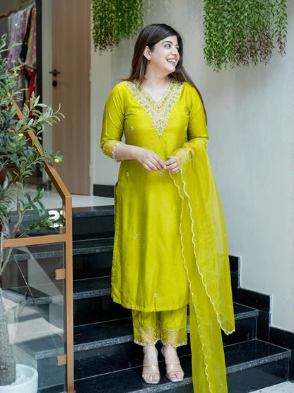 Rajwada Lime Green Viscose Chanderi Embriodered Stitched Kurta Set For Women