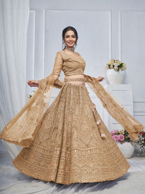 Rajwada Light Brown Soft Net Embellished Semi-Stitched Lehenga With Unstitched Blouse For Women