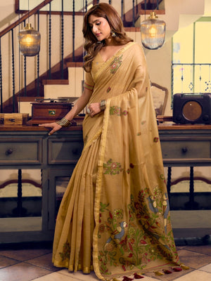 Rajwada Beige Cotton Blend Solid Saree For Women