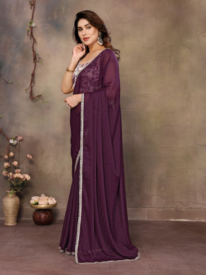 Rajwada Wine Georgette Solid Saree For Women