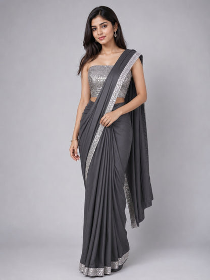 Grey Silk Blend Embellished Saree