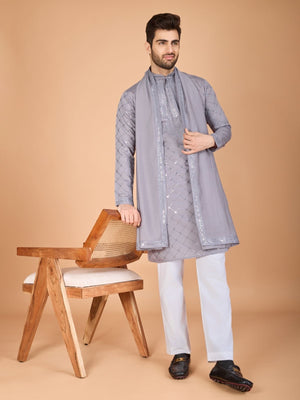 Rajwada Grey Viscose Silk Embellished Stitched Kurta For Men