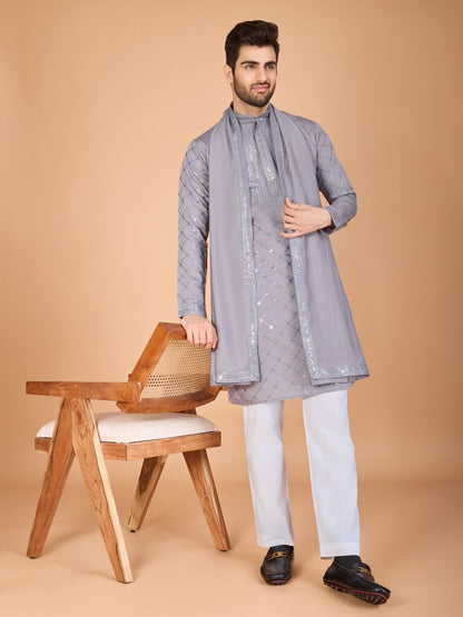 Rajwada Grey Viscose Silk Embellished Stitched Kurta For Men