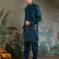 Rajwada Teal Blue Silk Blend Embroidered Stitched Kurta Set For Men