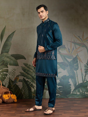 Rajwada Teal Blue Silk Blend Embroidered Stitched Kurta Set For Men