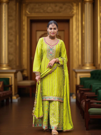 Rajwada Lime Green Chinon Embroidered Stitched Kurta Set For Women