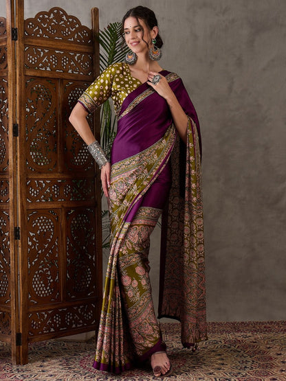 Rajwada Purple And Olive Silk Blend Printed Elegant Saree For Women