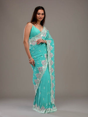Rajwada Sky Blue Crush Embroidered Saree For Women
