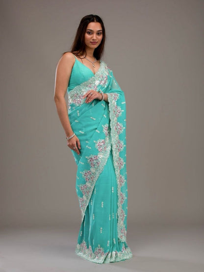 Rajwada Sky Blue Crush Embroidered Saree For Women