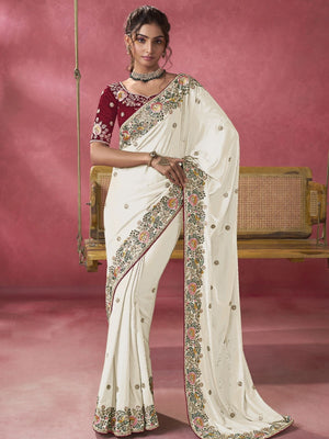 Rajwada White Georgette Embroidered Elegant Saree For Women