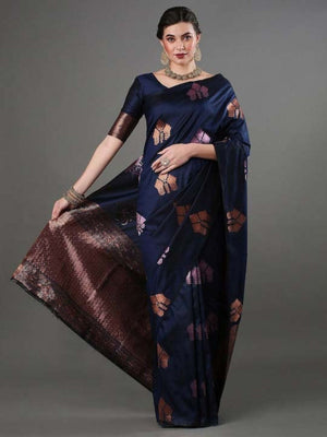 Rajwada Navy Blue Silk Blend Woven Saree For Women