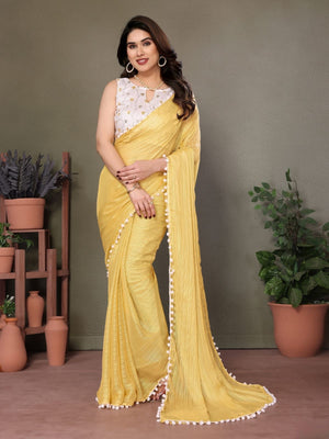 Rajwada Yellow Banglori Lace Work Saree With Unstitched Blouse For Women