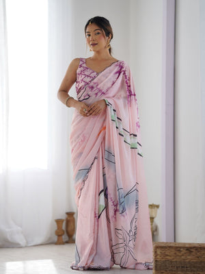 Rajwada Light Pink Chinon Printed Saree With Unstitched Blouse For Women