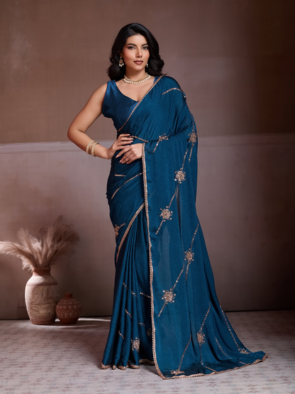 Rajwada Teal Blue Silk Blend Embroidered Saree For Women