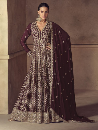 Rajwada Brown Chinon Embellished Semi Stitched Kurta Set For Women