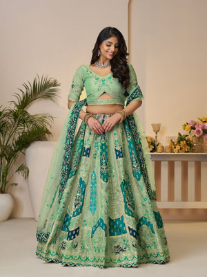 Rajwada Light Green Banarasi Silk Embroidered Semi-Stitched Lehenga For Women