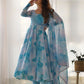 Rajwada Sky Blue Organza Silk Floral Digital Print Stitched Kurta Set For Women