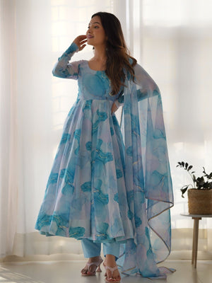 Rajwada Sky Blue Organza Silk Floral Digital Print Stitched Kurta Set For Women