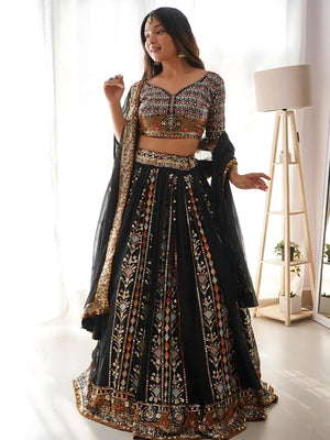 Rajwada Black Georgette Sequins Embroidered Semi-Stitched Lehenga For Women