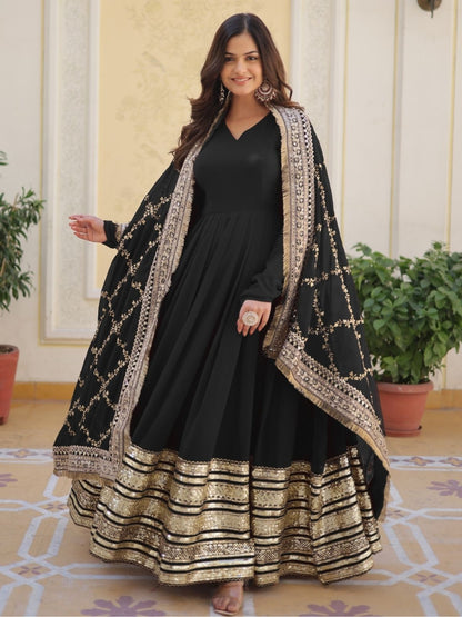 Rajwada Black Georgette Stitched Gown With Dupatta For Women