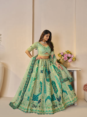 Rajwada Light Green Banarasi Silk Embroidered Semi-Stitched Lehenga For Women