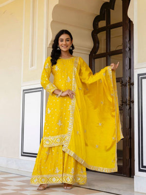 Rajwada Yellow Chiffon Embellished Stitched Kurta Set For Women